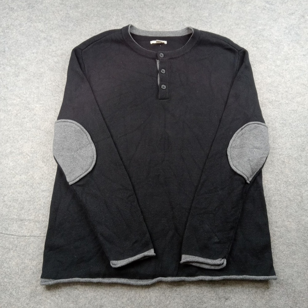 Carbon 2 Cobalt Sweater Mens XL Black Cotton Cashmere‎ Knit Henley Elbow Patches